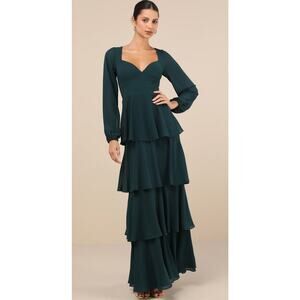 Lulu's Flawless Excellence Emerald Green Tiered Long Sleeve Maxi Dress S
